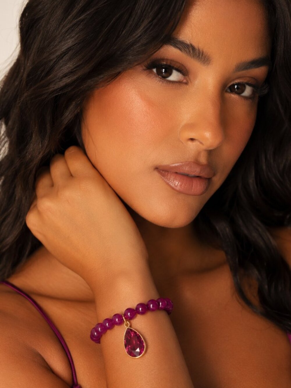 Magenta Beaded Stretch Bracelet with Teardrop Crystal Charm - Picture 3 of 5